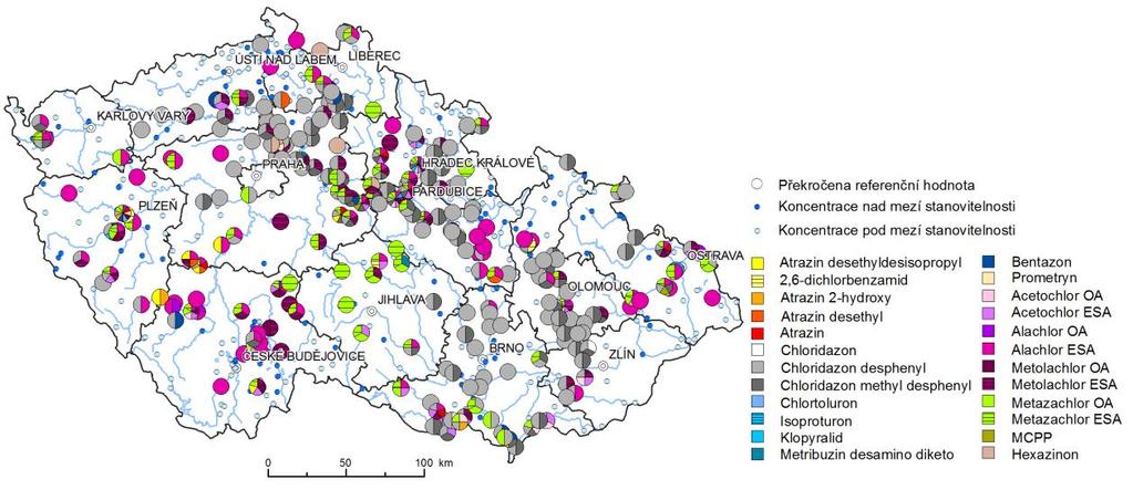 Obr. 3 Koncentrace pesticidů v podzemních vodách [µg.