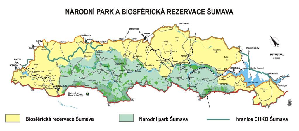 Národní park Šumava - vznik 1991 - rozloha 69 000 ha - asi 80% les -