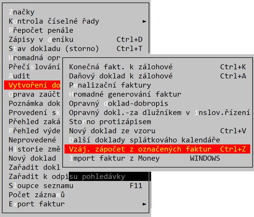 3.9 Vzájemné zápočty rychlé vytvoření zápočtu ze seznamu označených pohledávek nebo závazků V seznamu pohledávek a závazků (například v menu Doklady - Faktury vydané) je možné si mezerníkem označit
