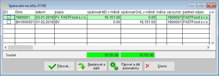 1.1 Automatické párování Automatické párování je výhodné především na účtech, kde se uvádí variabilní symbol nebo lze doklady párovat podle jiného údaje (partnera, střediska, atd.).