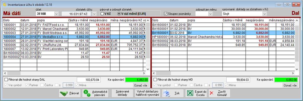 Nastavíte-li zobrazení jen určitou měnu, párování zohlední i tuto volbu.