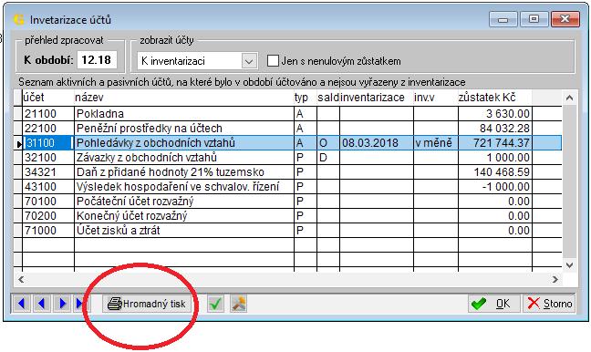 Program zobrazí formulář, v jehož horní levé části můžete zvolit obdobné volby tisku, jako v případě tisku jediného účtu. Volba typu inventarizace (viz kapitola 4.1.7.