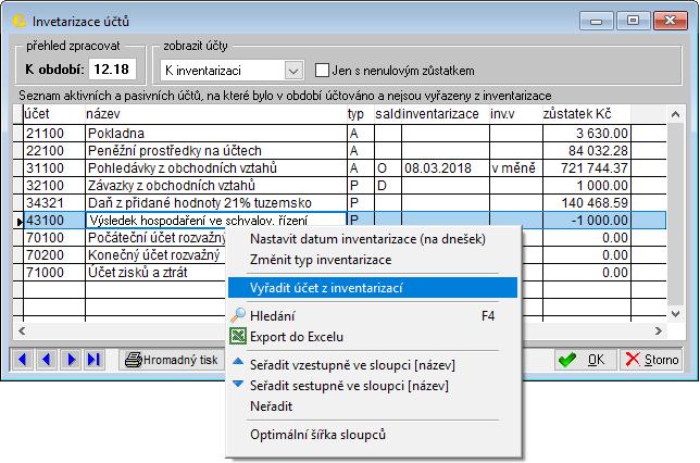 Použijete-li nabídku Tisk otevřených položek všech účtů (hl.kniha), budou zpracovány všechny rozvahové účty vyjma těch, které jste dříve z inventarizací vyloučili (viz kapitola 4.1.