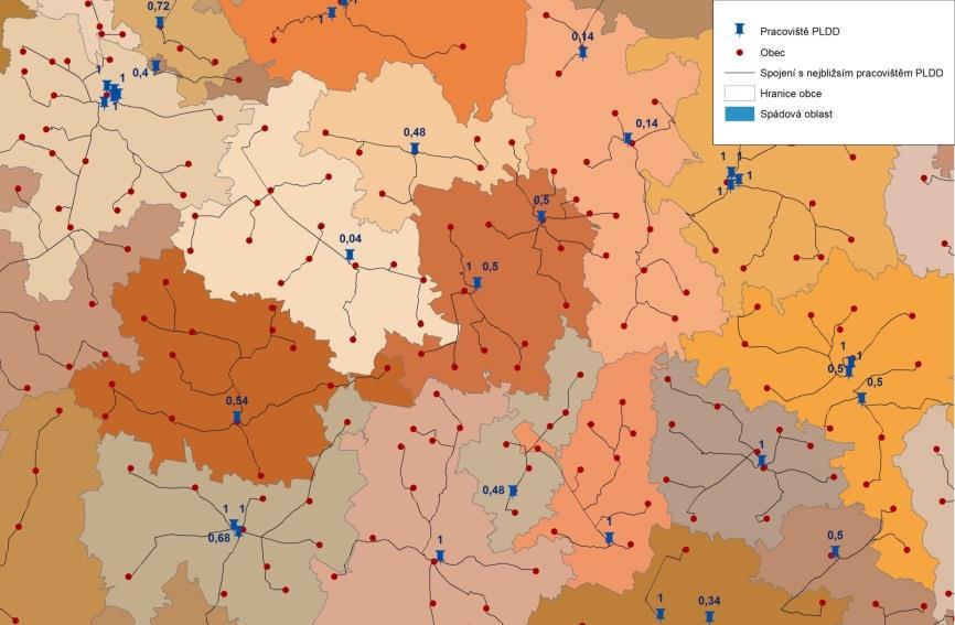 7 Obr. 3: Modelová ukázka přiřazení jednotlivých bodů poptávky (obcí) k nejbližšímu poskytovateli zdravotních služeb Obr.