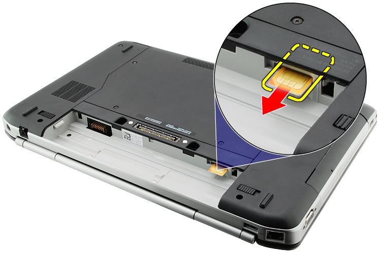 Karta SIM 5 Vyjmutí karty SIM 1. Postupujte podle pokynů v části Před manipulací s počítačem. 2. Vyjměte baterii. 3. Stiskněte a uvolněte kartu SIM, která se nachází na stěně baterie. 4.