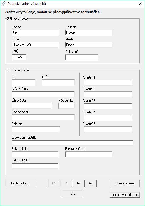 Adresář můžete editovat v menu "Nastavení >> Adresář", vložení nové adresy vyvoláte kliknutím tlačítka "Přidat adresu" kde se editační pole vyprázdní, pro uložení pak stačí kliknout na