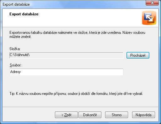 Data uložte do libovolné složky, můžete zvolit např. i plochu: Nyní se automaticky vytvořil soubor Adresy.txt ve zvoleném umístění.