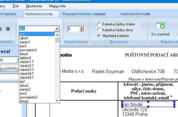 Vyplnění více adres na jednom formuláři (hromadné vyplnění) Potřebujete-li na jednom formuláři vyplnit z adresáře více adres najednou, využijete funkci v záložce Nastavení kolonky v oddělení Data: