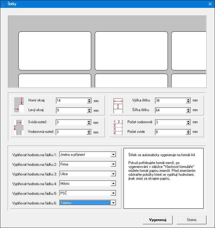 Vygenerování formuláře štítků Potřebujete-li tisknout na štítky, v aplikaci si můžete nechat vygenerovat libovolné štítky dle zadaných rozměrů.