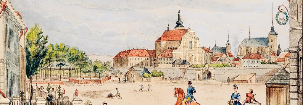 01 02 Místodržitelský palác 01 Místodržitelský palác ve středu veduty od Veselé brány, 1829 Kostel sv. Jakuba 02 Kostel sv.