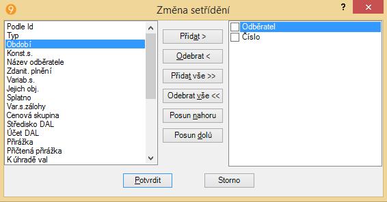 Jednou z položek tohoto menu je Změna setřídění. Volbou této položky se objeví dialog pro setřídění. Levé okno dialogu je seznam položek, podle kterých je možno setřiďovat.