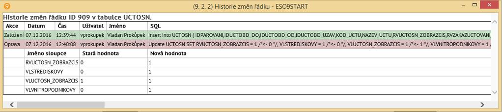 odkaz Historie změn vypisuje datum, čas, uživatele, a hodnoty založení řádku a všech jeho