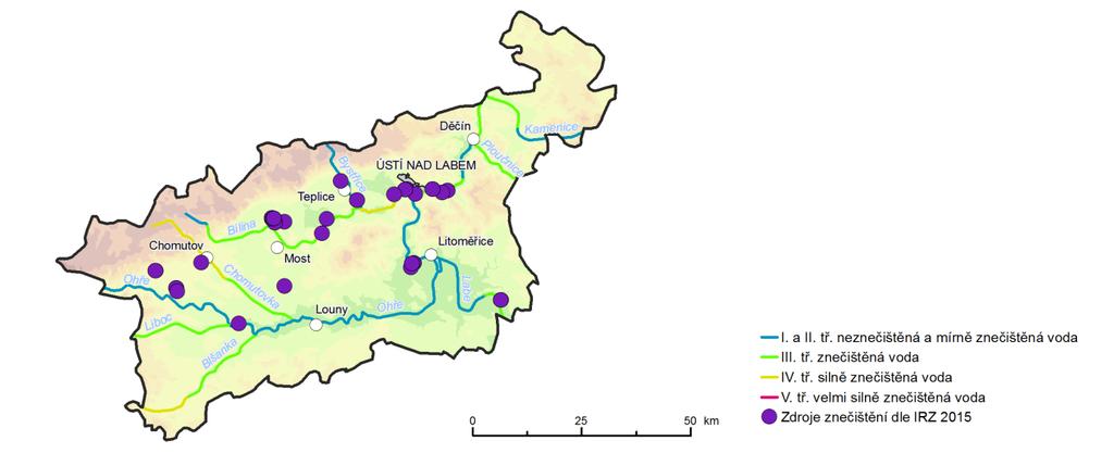3.1 Jakost vody V Ústeckém kraji patří dlouhodobě mezi nejznečištěnější vodní toky Bílina, Chomutovka a Blšanka, které na většině svého toku dosahují III. IV.
