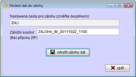 Po kliknutí na tlačítko Uložit data do zálohy se objeví okno pro potvrzení zálohy: Stačí kliknout na tlačítko vytvořit zálohu dat a záloha se vytvoří na zvolené cestě.