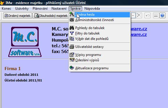 IMw - program evidence majetku - stručný průvodce Strana : 3 Ovládání programu Po spuštění programu se Vám objeví nabídka programu (MENU) a tlačítka pro výběr agendy drobného nebo dlouhodobého