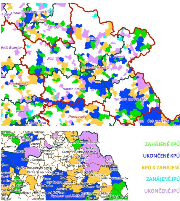 Mapa č. 4: Přehled pozemkových úprav na území Královéhradeckého kraje a na území MAS Zdroj: Ministerstvo zemědělství, k 30.11. 20