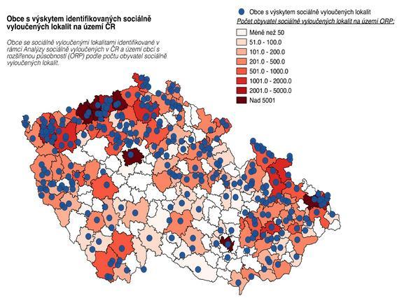 Mapa č. 7: Obce s výskytem identifikovaných sociálně vyloučených lokalit na území ČR Zdroj: Analýza sociálně vyloučených lokalit v ČR 2.3.4.