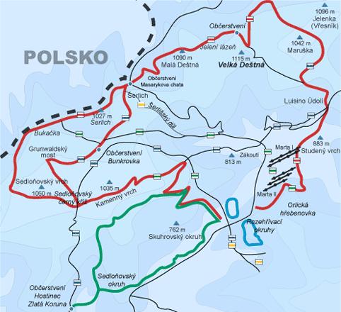 Mapa č. 8: Upravované běžkařské tratě v okolí Deštného v Orlických horách Zdroj: www.lyzovani-destne.
