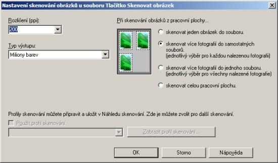 Rozšířené nastavení: Tlačítko "Nastavení skenování obrázků" umožňuje zvolit rozšířené možnosti skenování, kde lze zvolit " Rozlišení (ppi) " což v případě grafiky, tedy nejčastěji fotografií zásadně