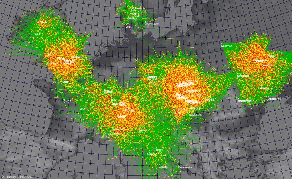 Plošná projekce atmosférických drah v databázi EDMOND (2015) Přehled radiantů jednotlivých