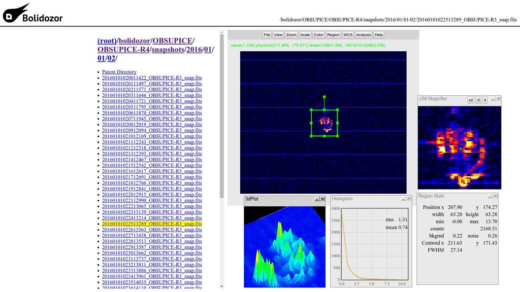 Obr.: Zobrazení meteoru v JS9browser-u ve webovém prohlížeči HW Na začátku roku byl dokončen vývoj stanice pro pozorování meteorů RMDS02D.