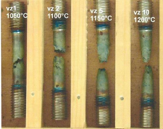 Obr. 7.9: Záznam napětí - deformace s nejvyšším napětím pro MONICR při teplotách 1 050 C až 1 200 C a rychlost deformace 1 mm*s -1.