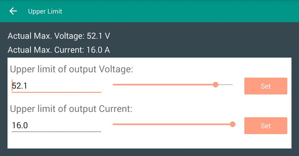 ...4.3. Struktura 4.3.4 UpperLimitFragment Tento fragment slouží k nastavení maximálního výstupního napětí a proudu. V horní část se v textovém poli zobrazují aktuálně nastavené maximální hodnoty.