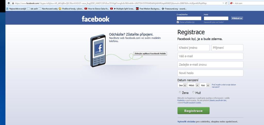 Praktické ukázky 1. Facebook Registrace Vyplníte všechny potřebné údaje k registraci.