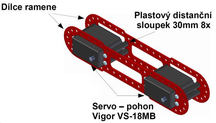 že servo není pevně zafixováno (má v sestavě držáku vůli), použijeme dvě gumičky stavebnice Merkur 1095, které položíme na vrchní stranu serva pod přepásání a stáhneme k držáku.