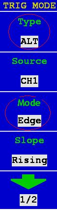 Alternativní Spouštění ((Trigger mode (Mód Spouštění): Edge (Hrana)) Alternativní Spouštění ((Trigger mode (Mód Spouštění): Edge (Hrana)). Menu je na Obrá