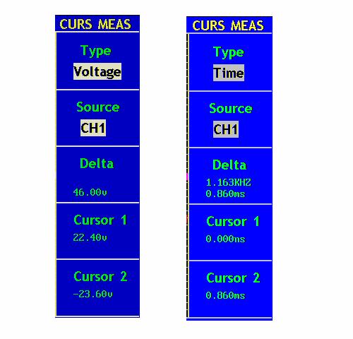 Obr. 5-45 CURS MEAS Menu Popis menu kursorových měření je zobrazen v následující tabulce: Funkční Menu Nastavení Popis Type (typ) Source (zdroj) Delta Cursor 1 Cursor 2 OFF Napětí Čas CH1, CH2 Vypíná