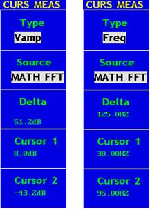 Měření a Měření Frekvencí v módu FFT. Zobrazí se menu CURS MEAS viz Obr.