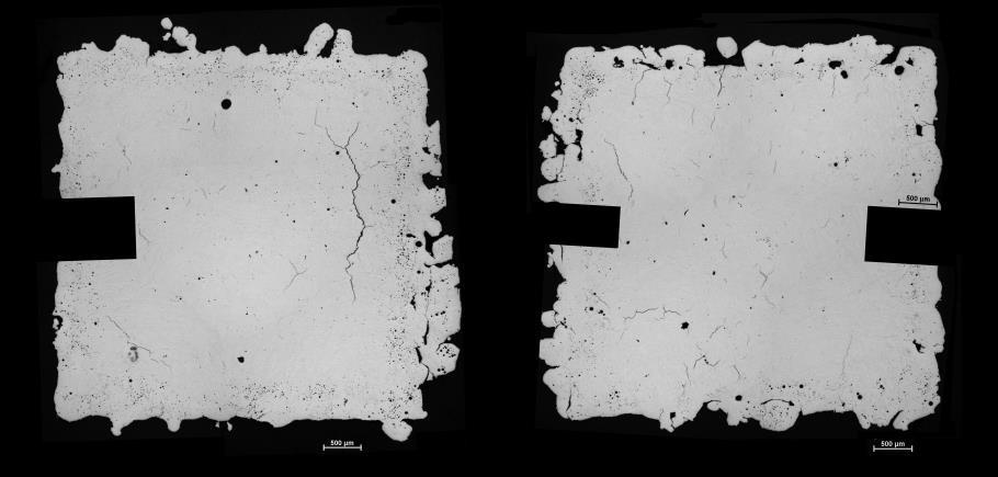 Euro PM2015 Session Name analysis. Cubes with 200 W and 300 W LP, 200 mm/s SS and 110 μm HD shows the highest relative density and the least number of cracks.