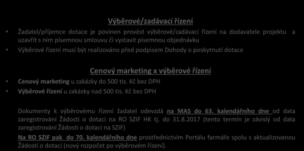 Výběrové/zadávací řízení Žadatel/příjemce dotace je povinen provést výběrové/zadávací řízení na dodavatele projektu a uzavřít s ním písemnou smlouvu či vystavit písemnou objednávku Výběrové řízení