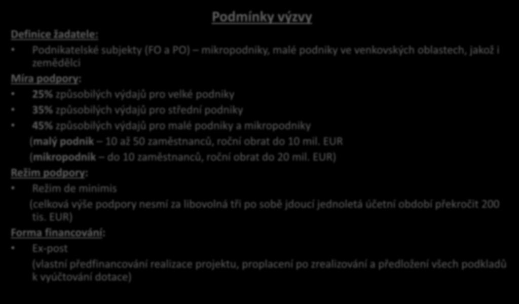 Podmínky výzvy Definice žadatele: Podnikatelské subjekty (FO a PO) mikropodniky, malé podniky ve venkovských oblastech, jakož i zemědělci Míra podpory: 25% způsobilých výdajů pro velké podniky 35%