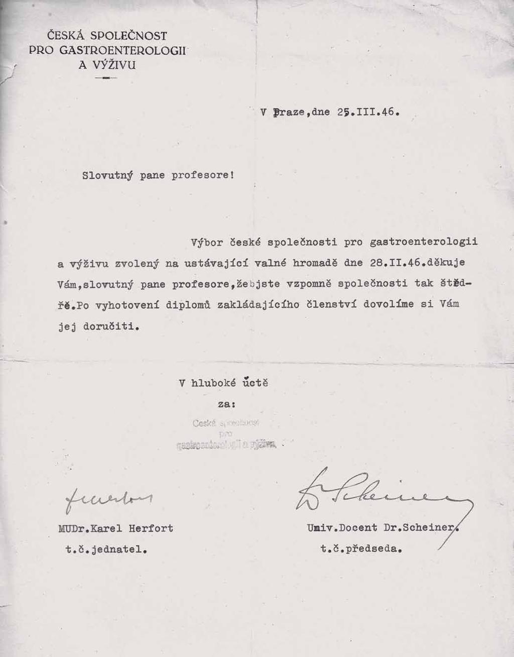 Dopis prof. Prusíkovi z roku 1946 s díky za příspěvek v počátcích společnosti a příslibem diplomu zakládajícího člena.