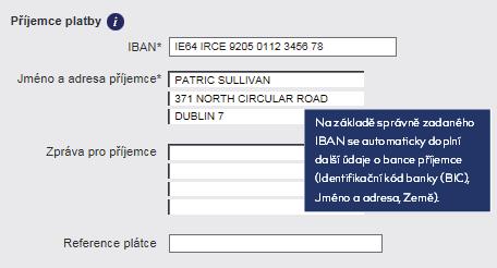 2 Zadejte číslo účtu příjemce ve formátu IBAN. Doplňte jméno a adresu příjemce platby.