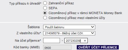 1 Jako Typ příkazu k úhradě zvolte možnost Cizoměnový příkaz v rámci MMB. Vyberte číslo účtu, ze kterého chcete platbu realizovat. Doplňte účet příjemce a stiskněte tlačítko Ověřit účet příjemce.