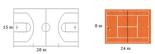 30. Vypočítaj o koľko m je obvod tenisového kurtu menší ako obvod basketbalového ihriska. 31. O koľko cm je obvod jedného útvaru menší ako obvod druhého útvaru? (rozmery sú v cm) 32.