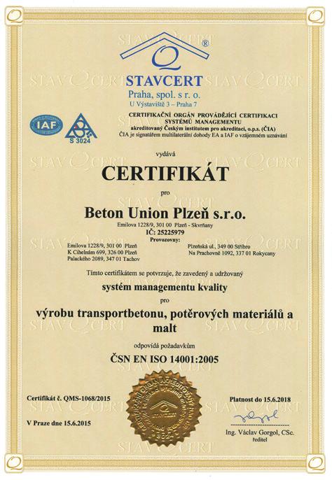 certifikačním orgánem STAVCERT Praha, certifikační orgán S 3024.