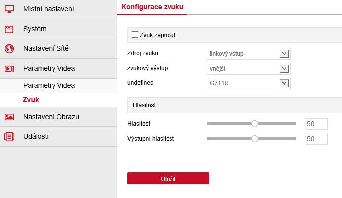 V druhé podsekci s názvem Zvuk nalezneme nastavení zvuku. Můžeme zvuk zapnout a vypnout, zvolit vlastnosti datového toku a jeho hlasitost.