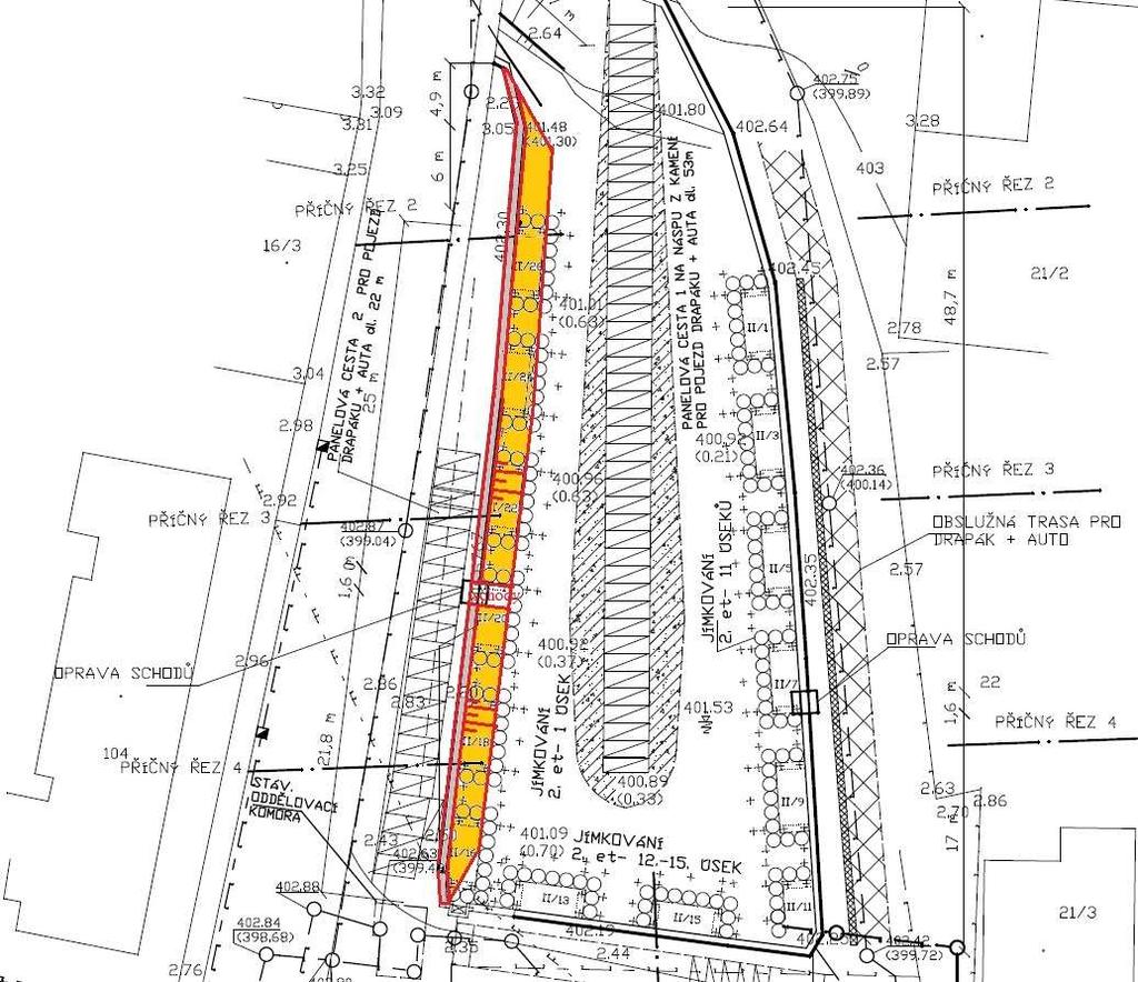 komunikace v úrovni 402,30 m.n.m. Je zde největší mocnost sedimentu (až cca 1m), nestabilní podloží z černých jílů a velká hustota inženýrských sítí v místní komunikaci.
