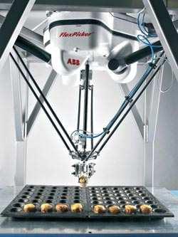 Díky této konstrukci mohou roboty dosahovat rychlosti pohybu až 200 cyklů za minutu. [24], [25], [27], [28], [32] Obr. 3.9: Delta robot ABB IRB 360 FlexPicker [25] Obr. 3.10: Aplikace Delta robotu v potravinářském průmyslu [16] 3.