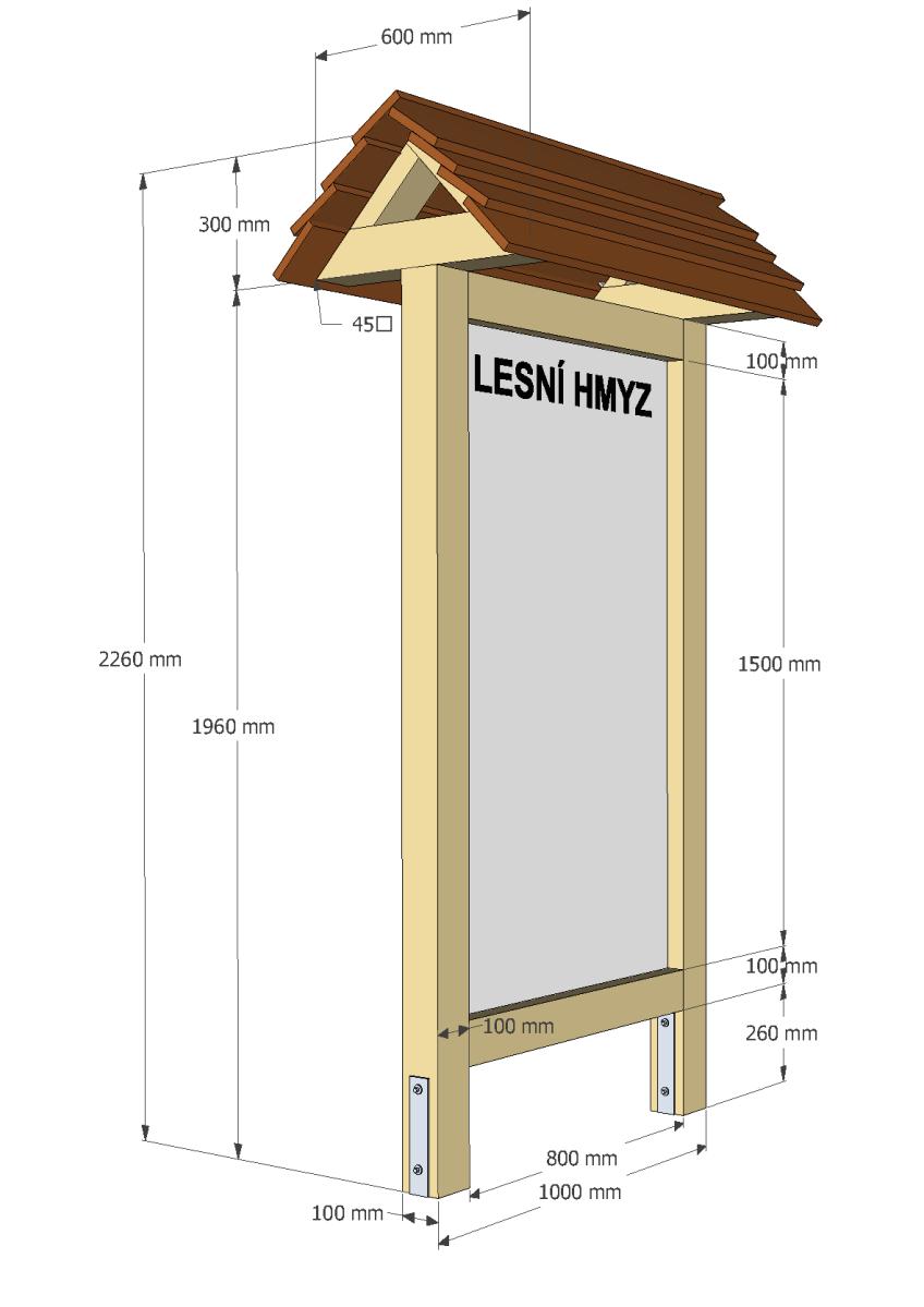 Zastavení č. 4 - Lesní hmyz - x pevná naučná tabule. Bližší technická specifikace prvku viz ilustrační obrázek. - Svislý rám ze smrkového/borovicového dřeva 00 mm x 00 mm.