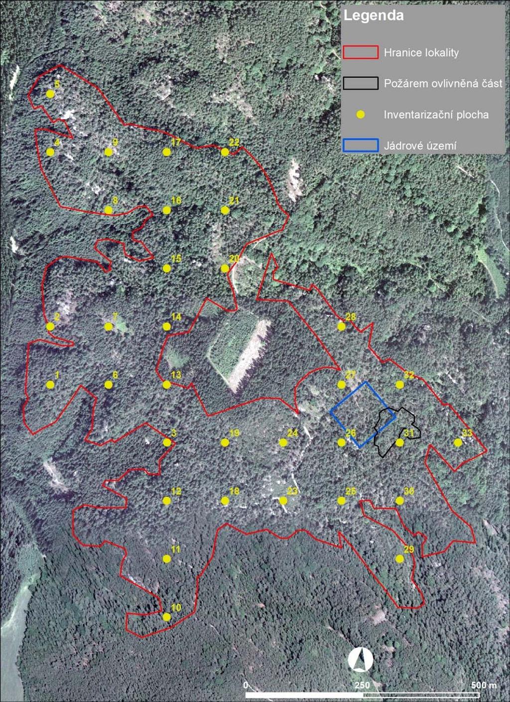 Obr. 1 Síť inventarizačních ploch a umístění jádrového území 2.2.2. SBĚR DAT NA JÁDROVÝCH ÚZEMÍCH Šetření v jádrovém území slouží k detailnějšímu popisu a sledování vývoje porostů ve vybraném segmentu.