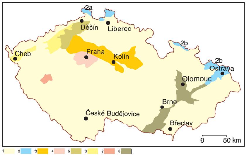 Kvartérní sedimenty Rozšíření kvartérních uloženin na území České republiky (podle Commission 1994 upraveno in Kachlík 2003): 1 - kvartér denudačních oblastí; Kvartér akumulačních oblastí: 2 -