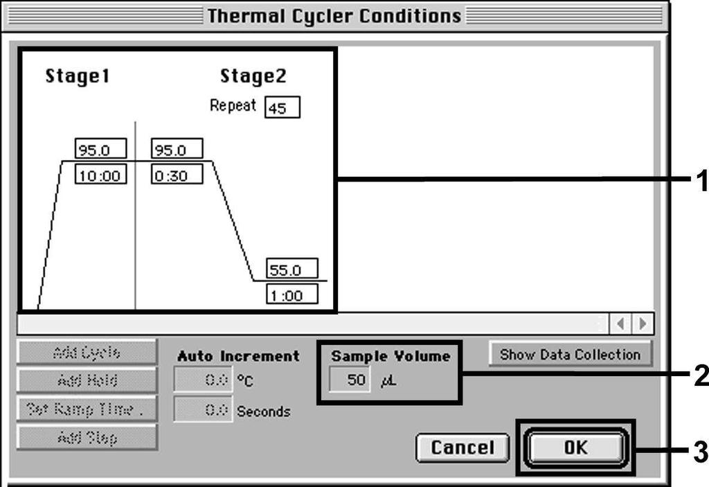 Obr. 13: Vytvoení teplotního profilu. Krom toho se v nabídce Thermal Cycler Conditions nachází volba Show Data Collection. Zvolením této volby se dostanete do okna zobrazeného na Obr. 14.