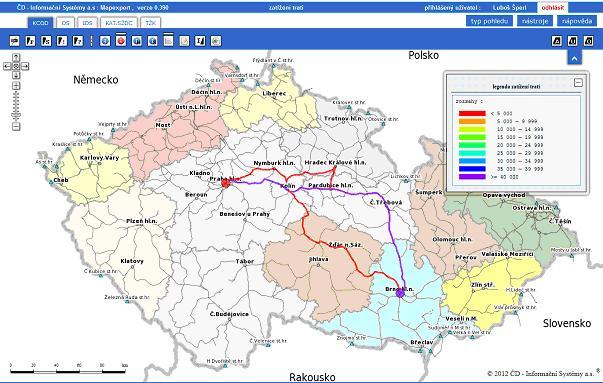 Pohled Zatížení tratí zobrazí data z pohledu realizovaných přepravních proudů na elementárních hranách železniční sítě ve vnitrostátní přepravě a