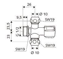 Rohové ventily skupina 41 SCHELL rohový ventil COMFORT se dvěma výtoky 3/8 " pro měděnou trubku Ø 10 mm 10 ½ 04 991 06 99 chrom s rukojetí COMFORT se dvojím stlačovacím šroubením Materiál: mosaz DIN