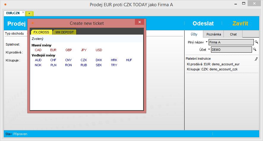 Vytvoření základního okna pro obchodování v již existujícím okně pro obchodování Pro vytvoření základního okna pro obchodování v již existujícím okně pro obchodování lze využít tlačítko V případě FX